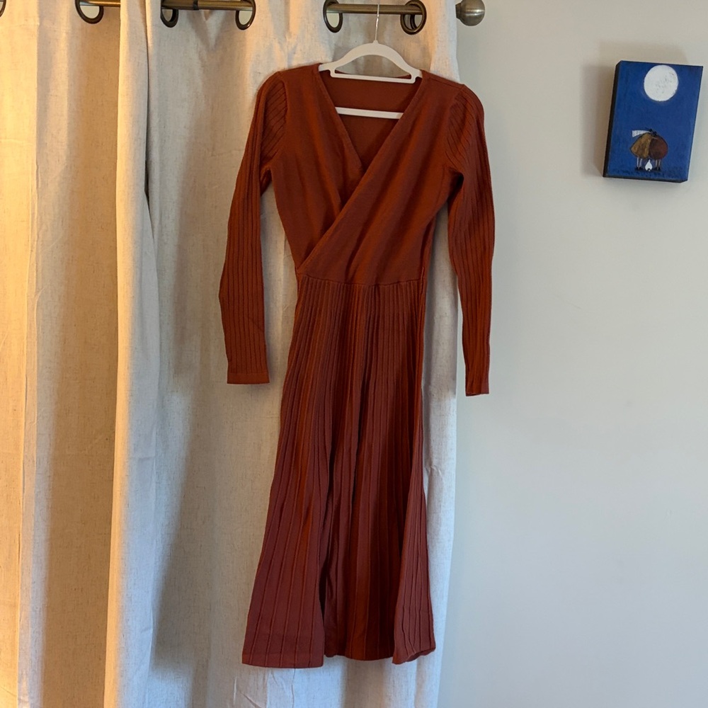 Amazon Women's Rust Long-Sleeve Ribbed Wrap Midi Dress